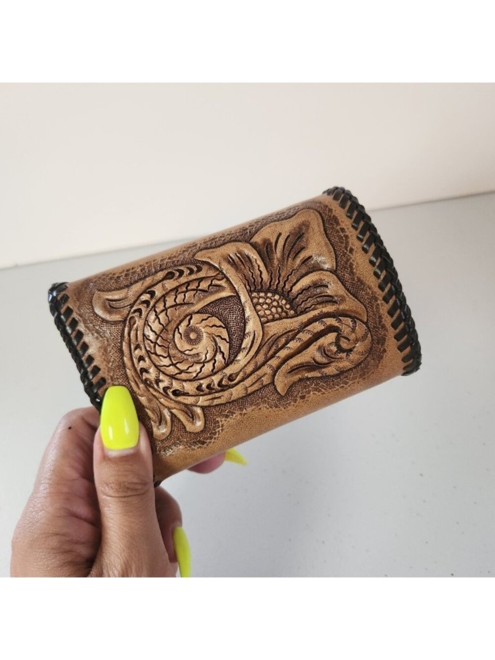 Vintage Tooled Brown Leather Wallet Mens Handmade 1970s Western Boho Cowboy 70s